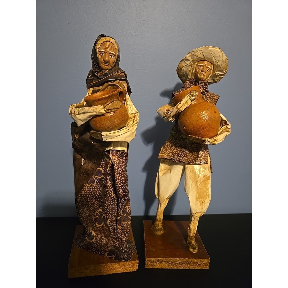 Vtg 70s Mexican Folk Art Tall Village People Paper Mache Figures 12 Inches Tall